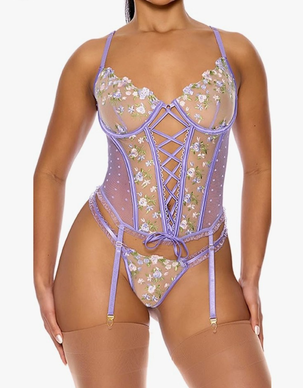 Forplay Fairycore Rave Lace Up Corset L Sheer Mesh Lace Garter NWT Purple Top